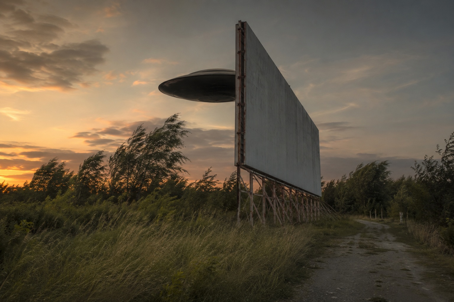 Editorial recreation of the A Black Saucer Hovered Behind Abandoned Drive-In Screen After Closing story, image 2.