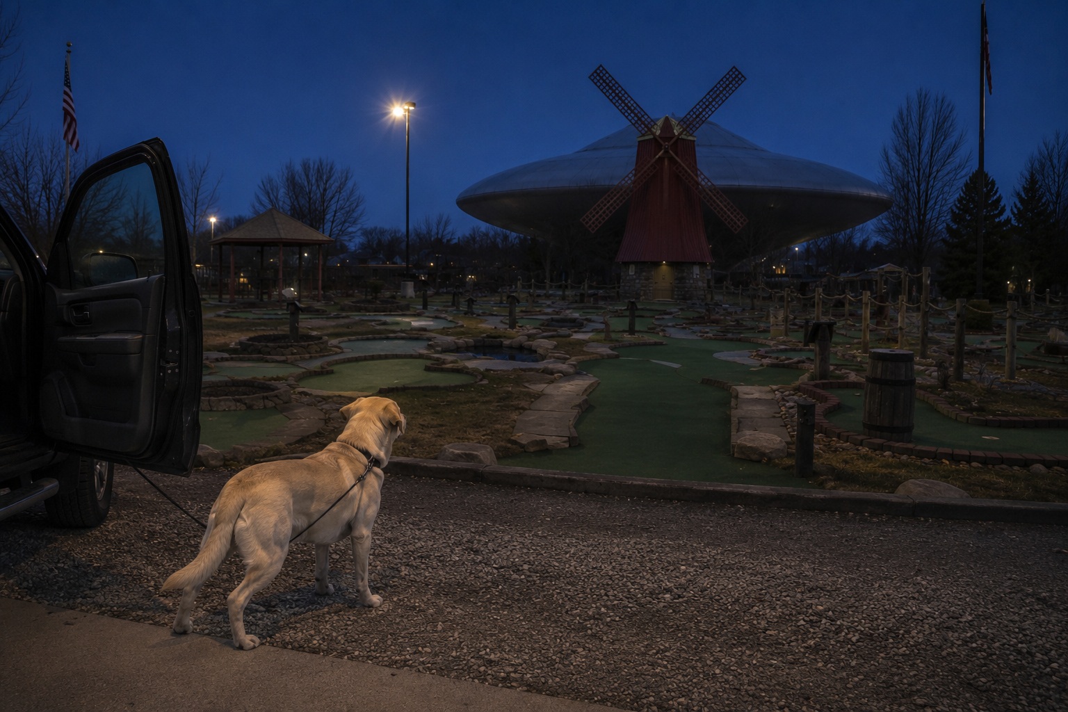 Editorial recreation of the A Dull Saucer Hung Behind Closed Mini Golf Windmill During The Power Flicker story, image 2.