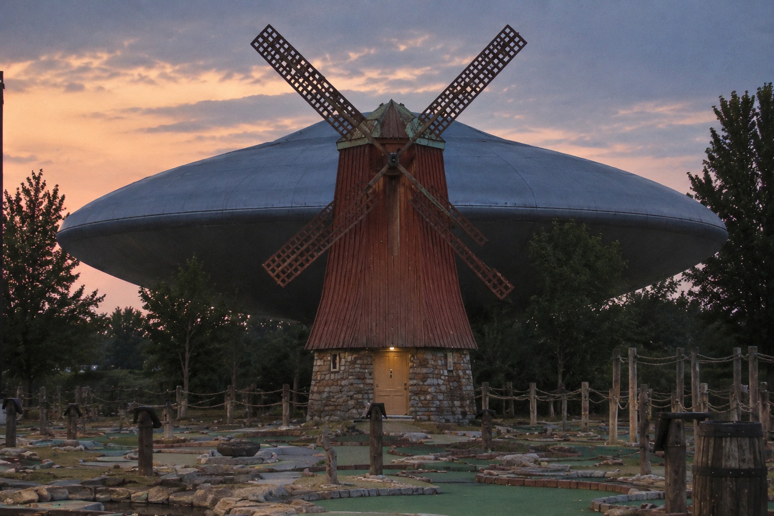 Editorial recreation of the A Dull Saucer Hung Behind Closed Mini Golf Windmill During The Power Flicker story, image 4.