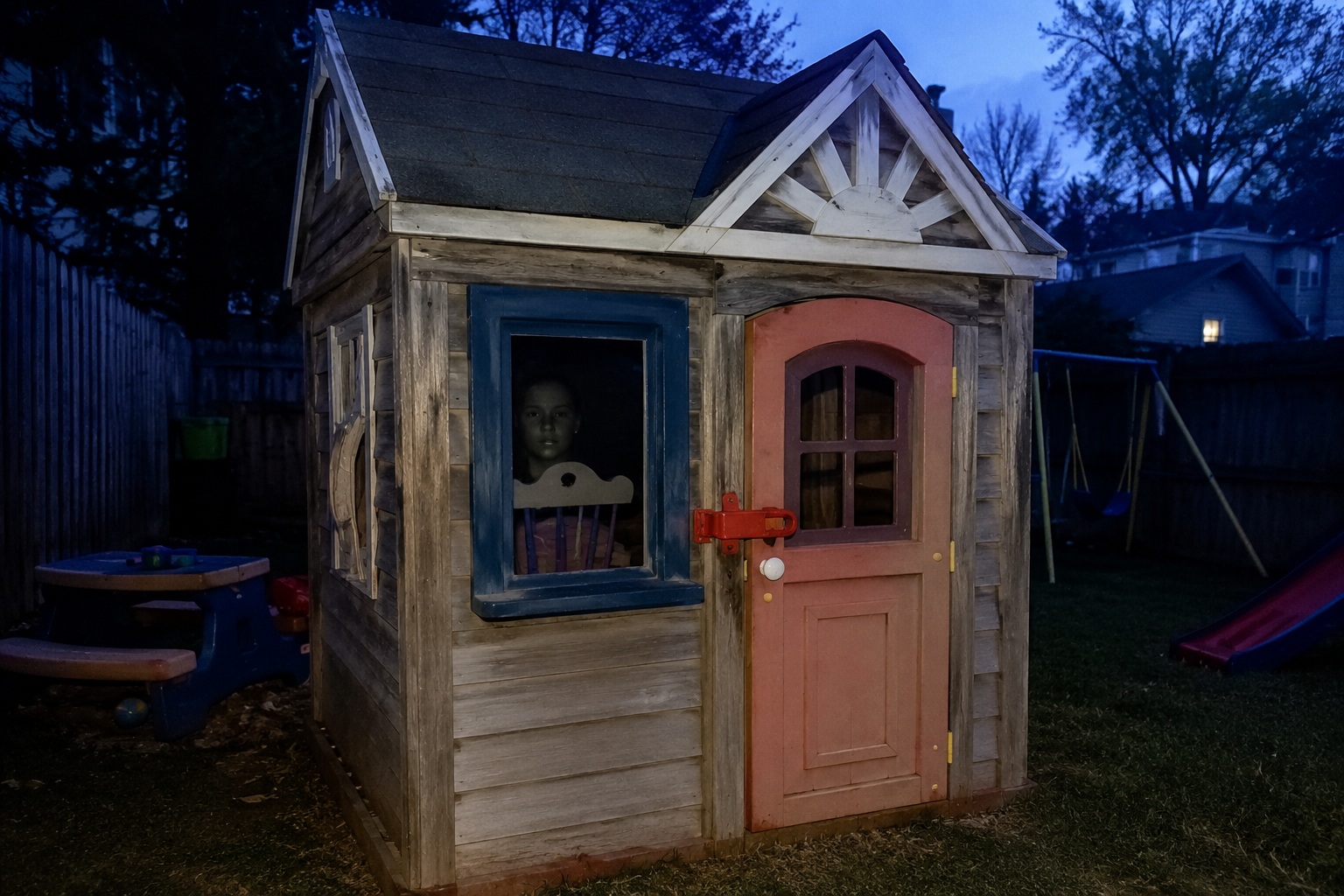 Editorial recreation of the A Pale Face Watched From Backyard Playhouse Window After The Toys Were Put Away story, image 1.