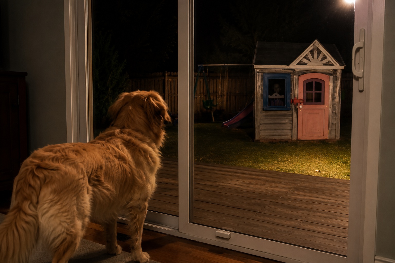 Editorial recreation of the A Pale Face Watched From Backyard Playhouse Window After The Toys Were Put Away story, image 2.