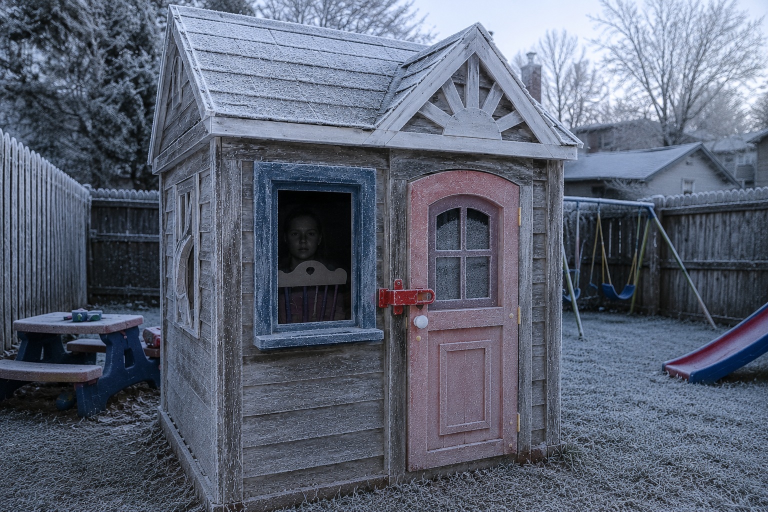 Editorial recreation of the A Pale Face Watched From Backyard Playhouse Window After The Toys Were Put Away story, image 4.