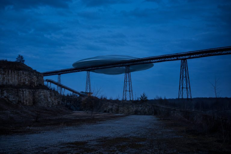 Editorial recreation of the A Silver Saucer Hovered Behind Empty Quarry Conveyor During The Power Cut story, image 1.