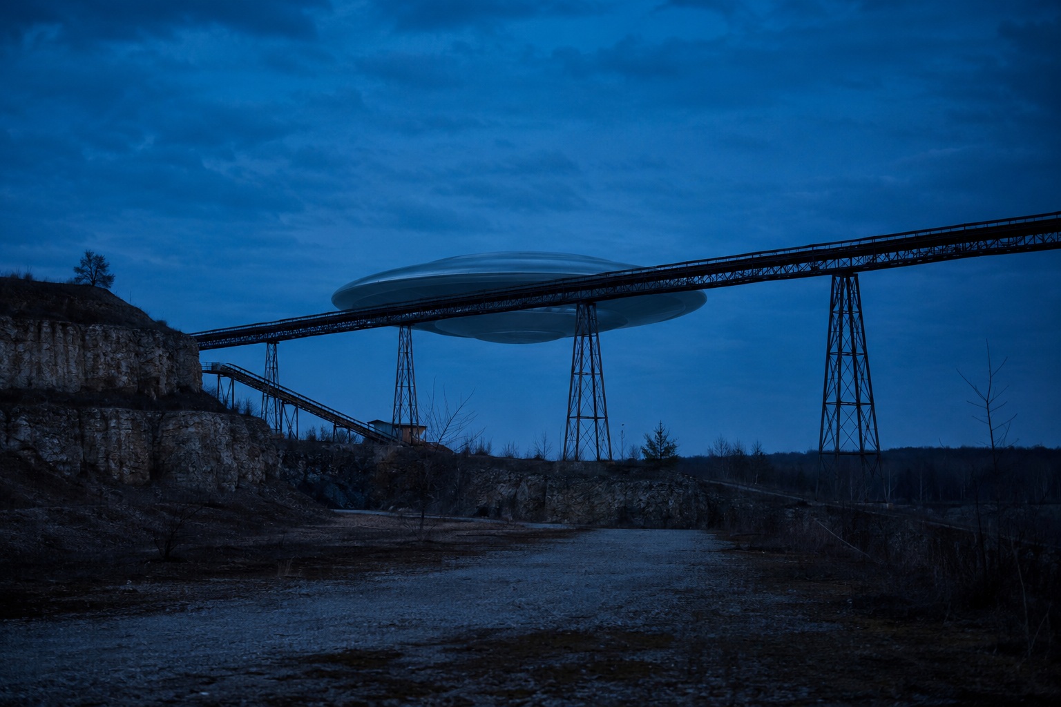 Editorial recreation of the A Silver Saucer Hovered Behind Empty Quarry Conveyor During The Power Cut story, image 1.