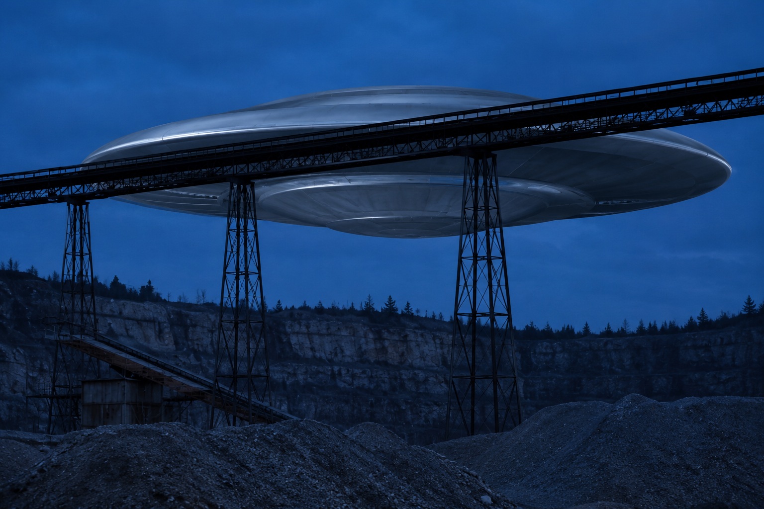 Editorial recreation of the A Silver Saucer Hovered Behind Empty Quarry Conveyor During The Power Cut story, image 3.