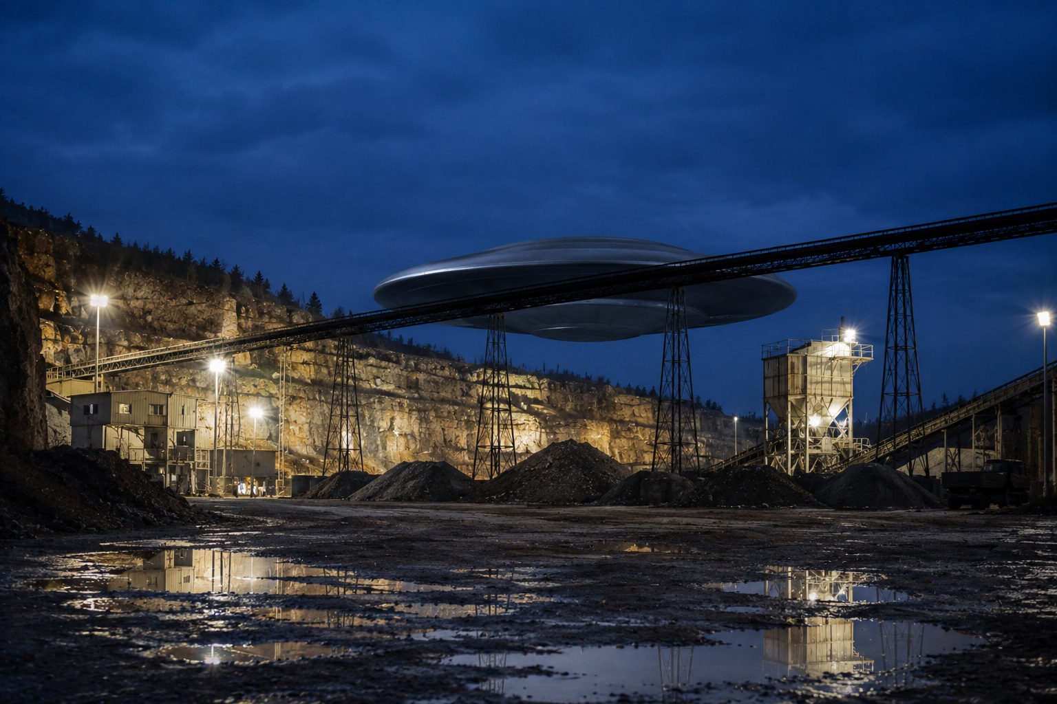 Editorial recreation of the A Silver Saucer Hovered Behind Empty Quarry Conveyor During The Power Cut story, image 4.