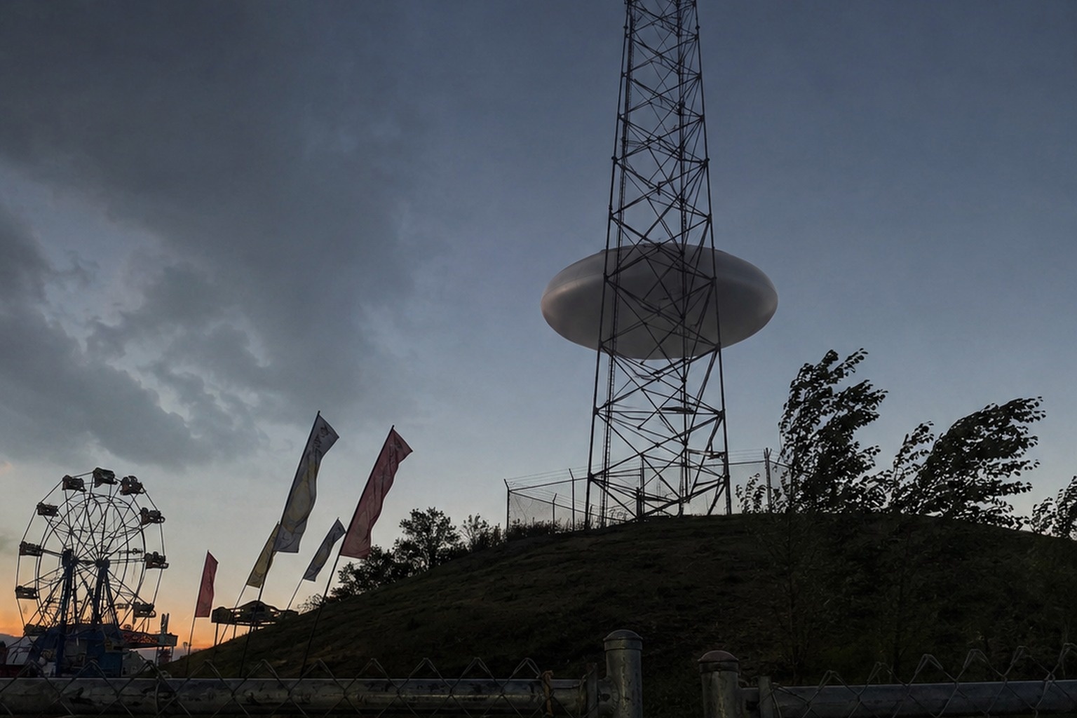 Editorial recreation of the A Silver Saucer Hung Behind Radio Tower During The County Fair Power Outage story, image 1.