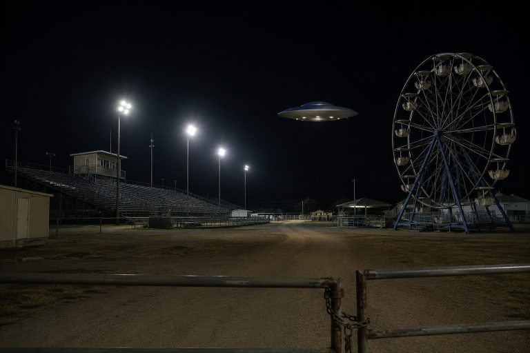 Story-style recreation for I Saw A Silver Disk Hovering Behind The Empty Fairground Lights, image 1.