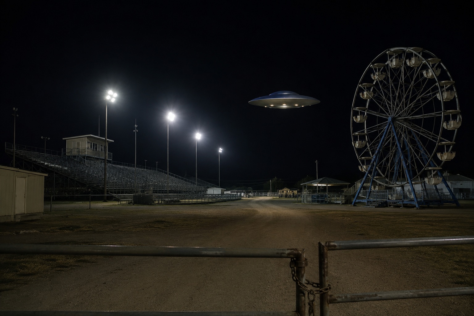 Story-style recreation for I Saw A Silver Disk Hovering Behind The Empty Fairground Lights, image 1.