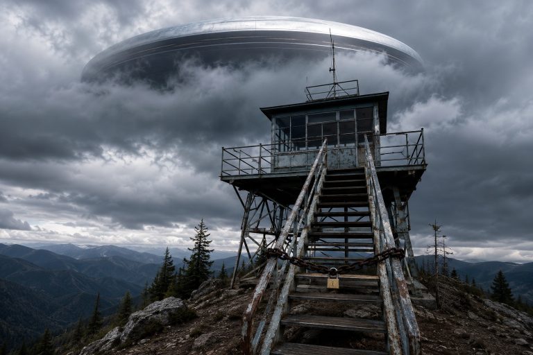 Editorial recreation of the I Saw A Silver Saucer Half Hidden Behind Clouds Over The Old Fire Lookout story, image 1.