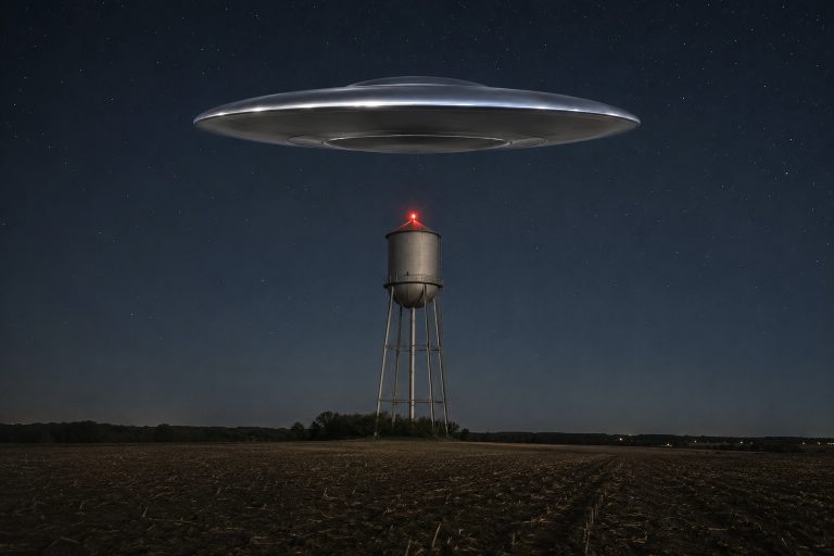 Editorial recreation of the I Saw A Silver Saucer Hanging Above Empty Water Tower story, image 1.