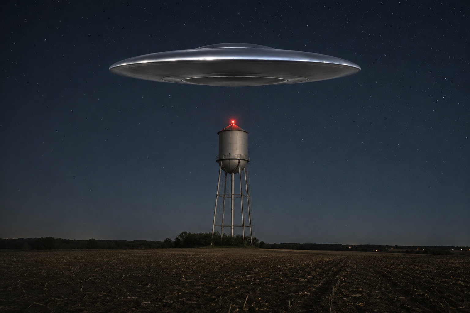 Editorial recreation of the I Saw A Silver Saucer Hanging Above Empty Water Tower story, image 1.