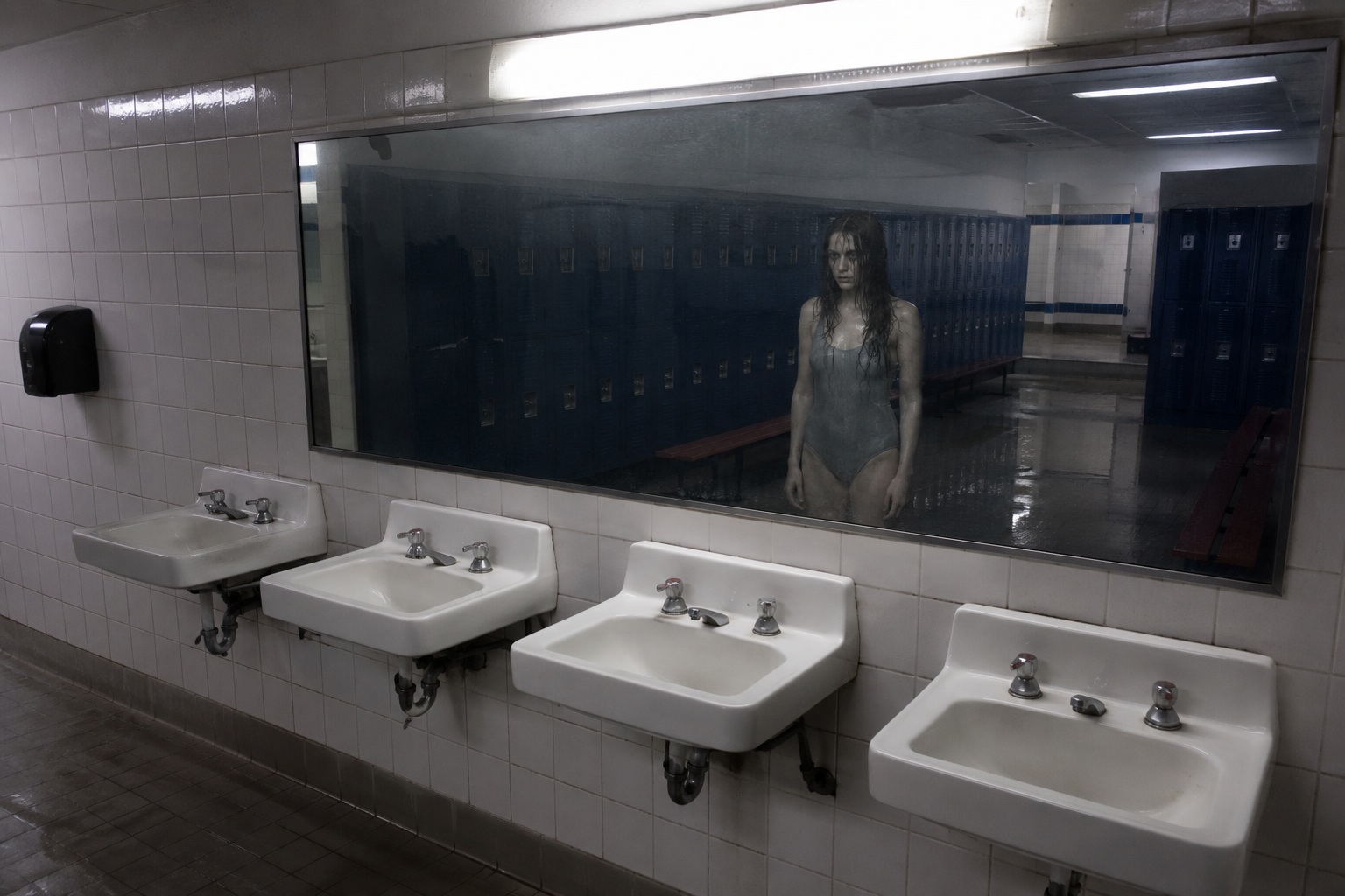 Editorial recreation of the I Saw A Woman Standing Behind Pool Locker Room Mirror story, image 1.