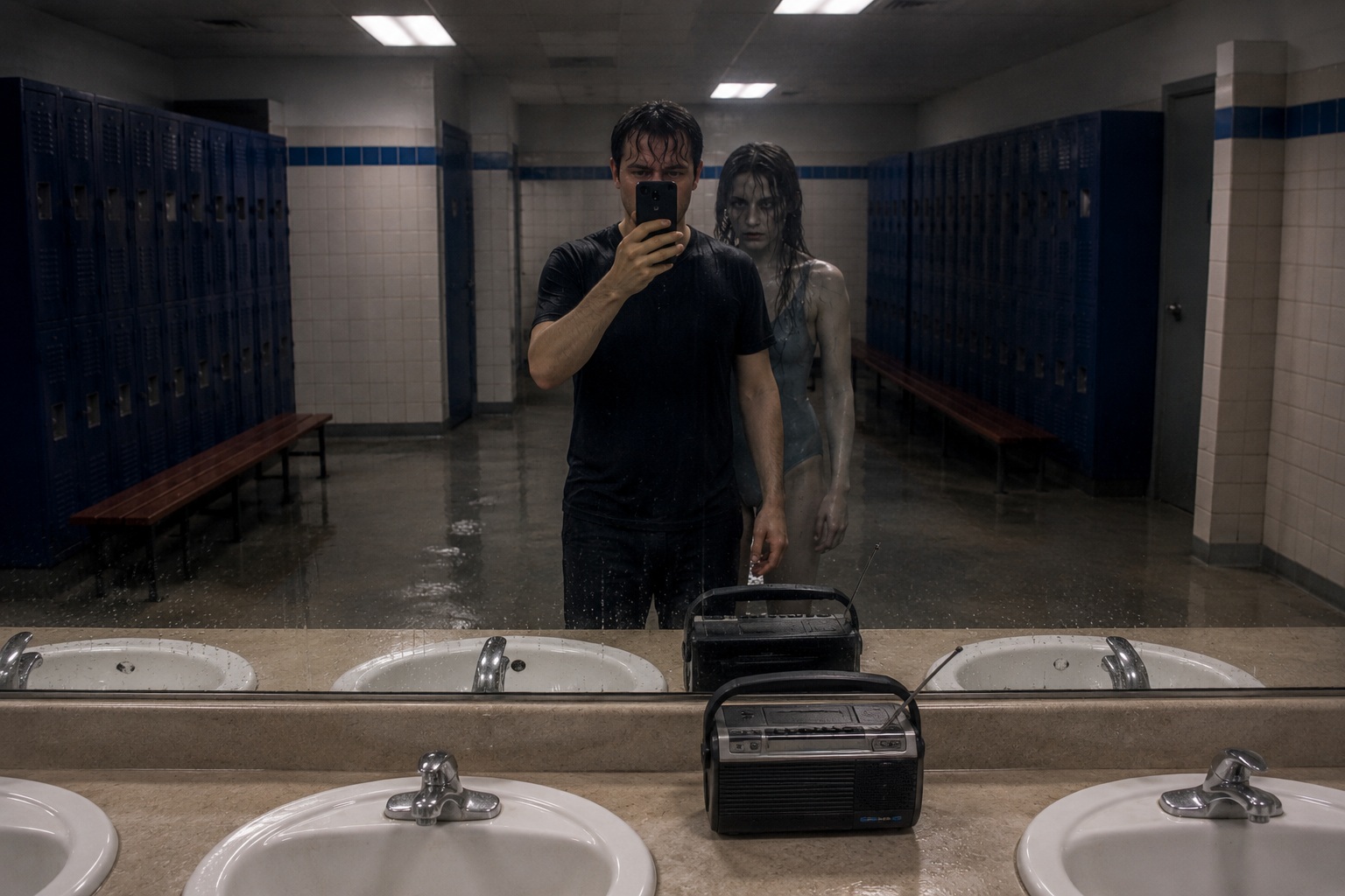 Editorial recreation of the I Saw A Woman Standing Behind Pool Locker Room Mirror story, image 4.