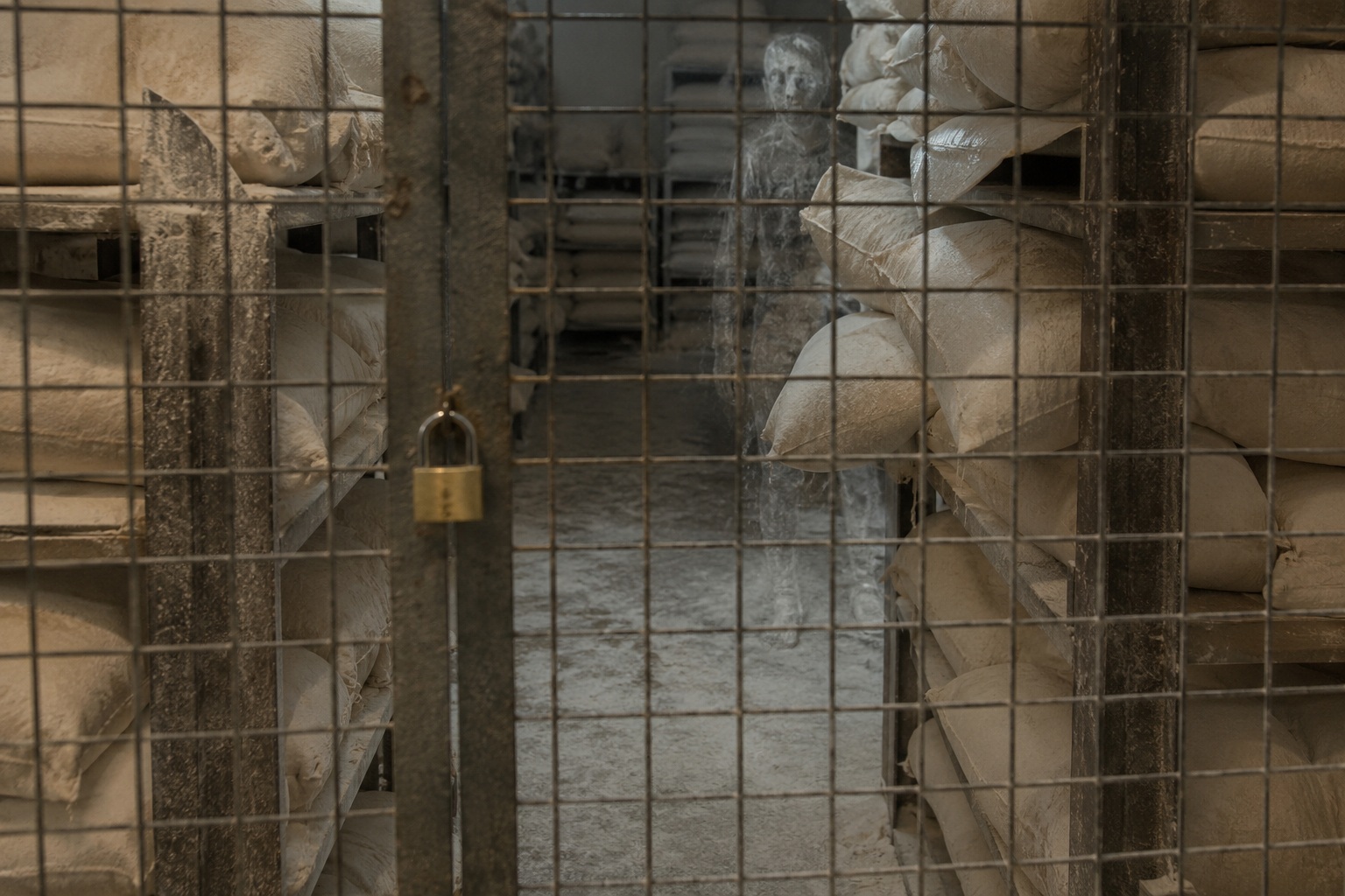 Editorial recreation of the I Saw A Woman Waiting Behind Locked Bakery Flour Racks story, image 1.