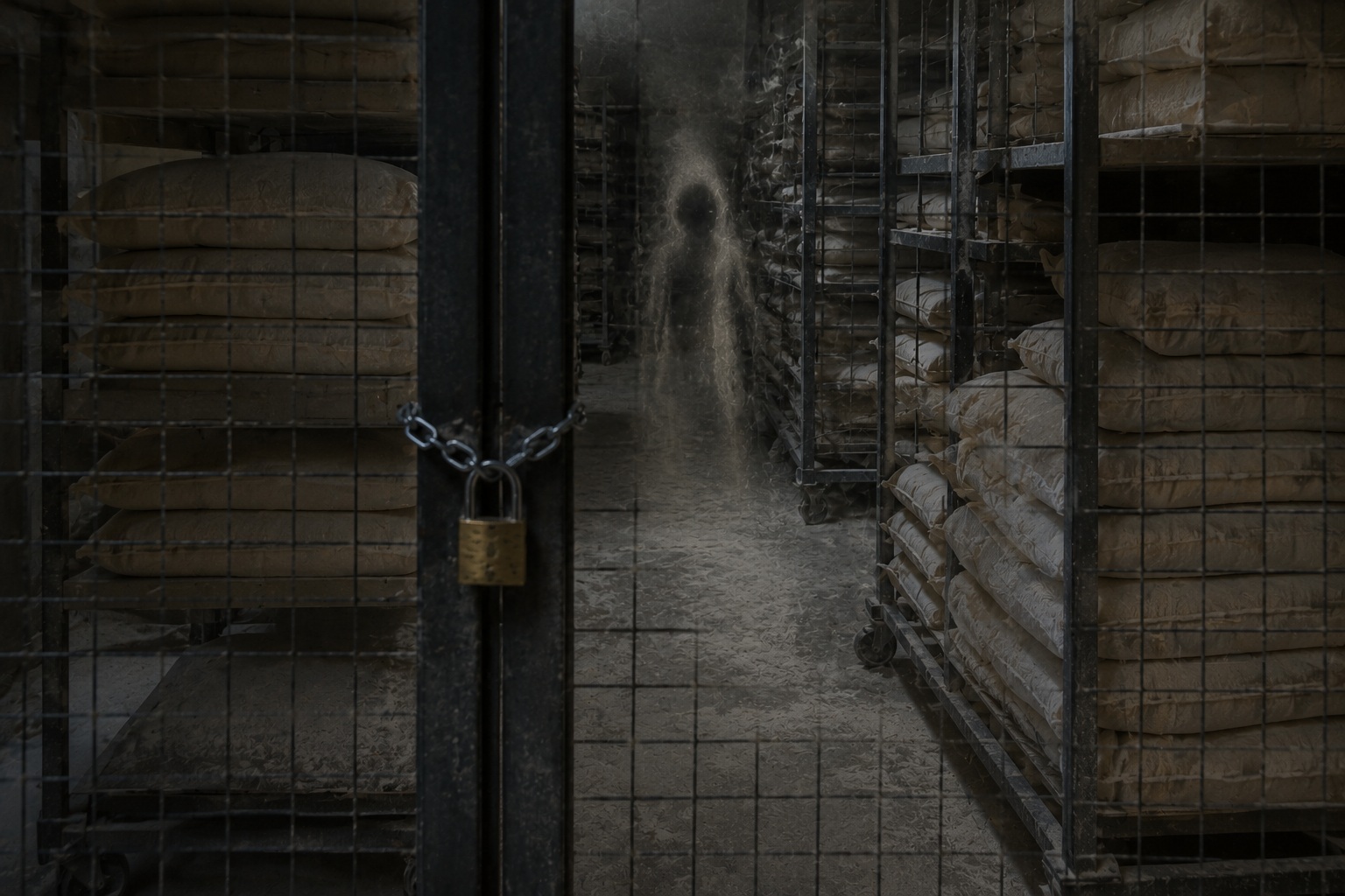 Editorial recreation of the I Saw A Woman Waiting Behind Locked Bakery Flour Racks story, image 3.