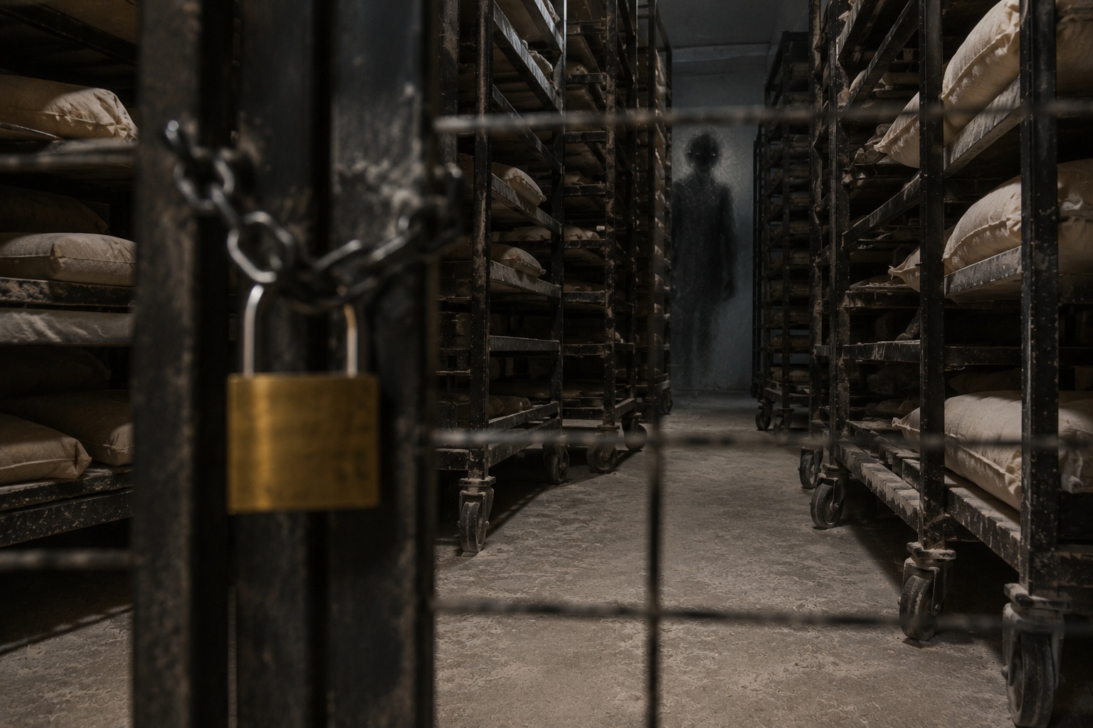 Editorial recreation of the I Saw A Woman Waiting Behind Locked Bakery Flour Racks story, image 4.