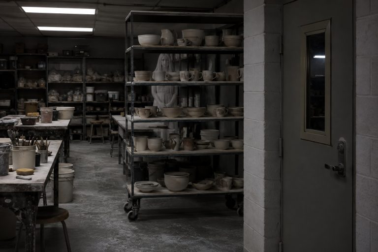 Story-style recreation for I Stayed Late In The Pottery Room And Saw Someone Behind The Kiln Rack, image 1.