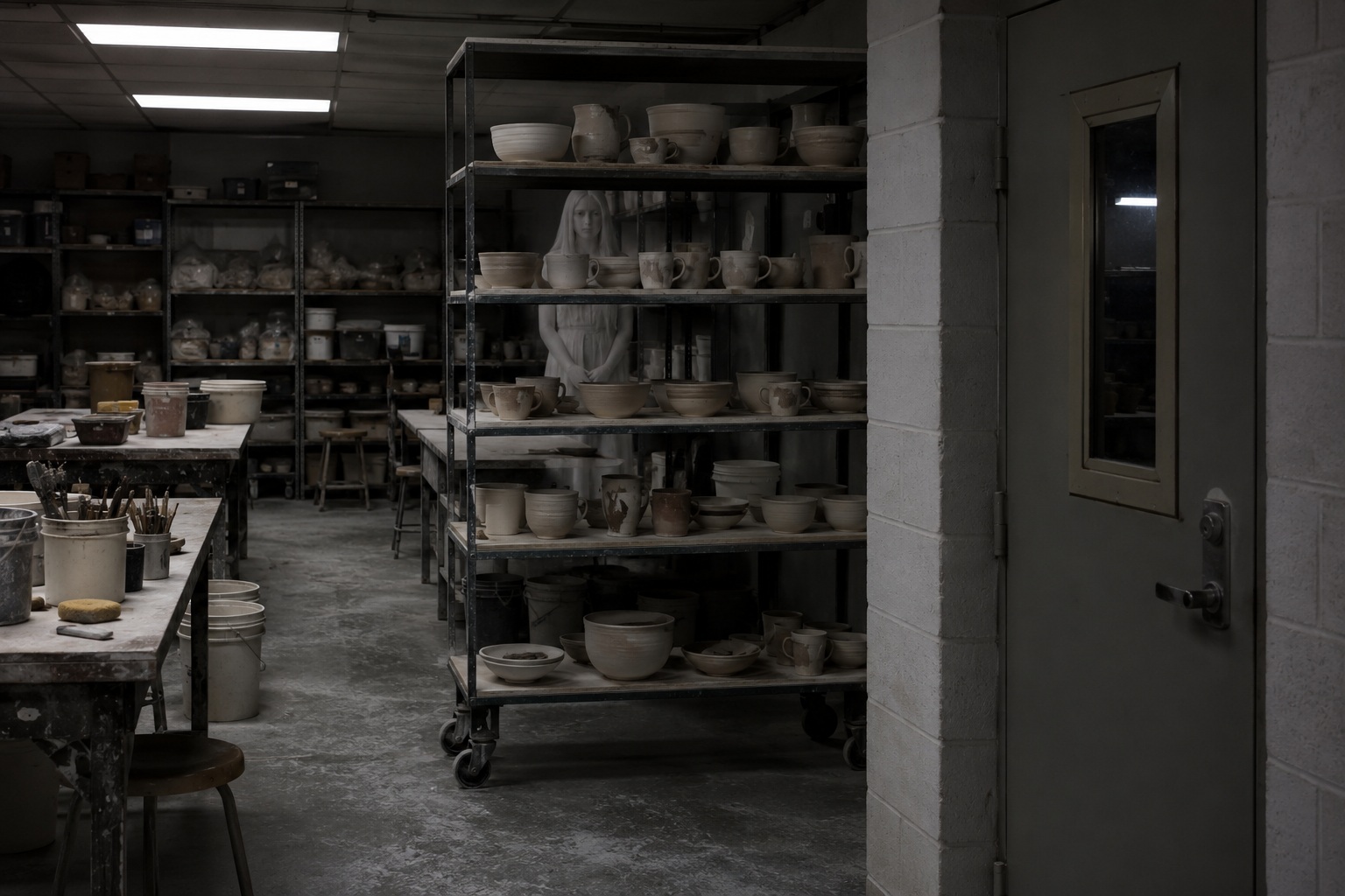 Story-style recreation for I Stayed Late In The Pottery Room And Saw Someone Behind The Kiln Rack, image 1.