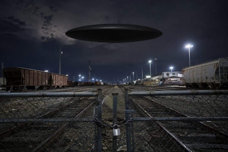 Editorial recreation of the I Watched A Black Oval Hover Above Empty Train Yard story, image 1.