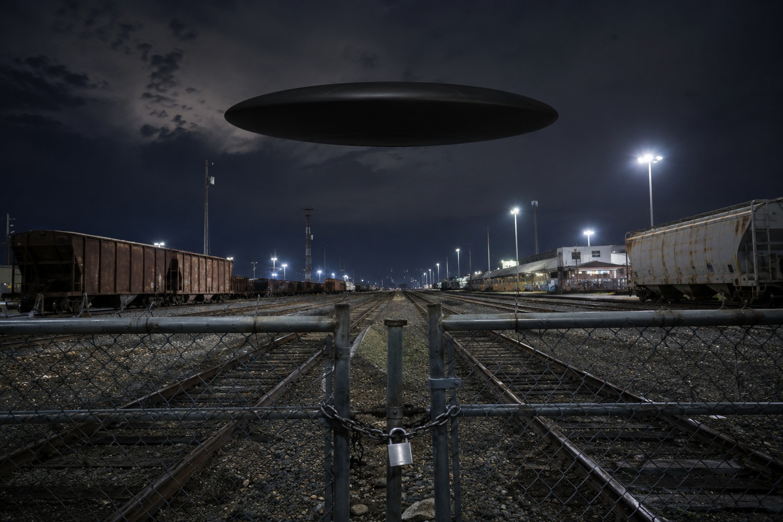 Editorial recreation of the I Watched A Black Oval Hover Above Empty Train Yard story, image 1.
