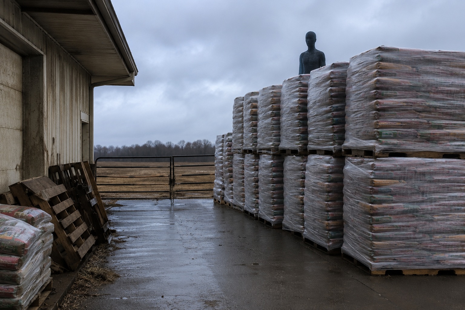 Editorial recreation of the My Cousin Checked Feed Store Alley And Saw Something Too Tall Behind The Pallets story, image 1.