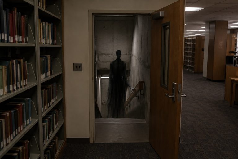 Editorial recreation of the My Sister Opened Library Basement Door And Saw Someone Waiting On The Stairs story, image 1.