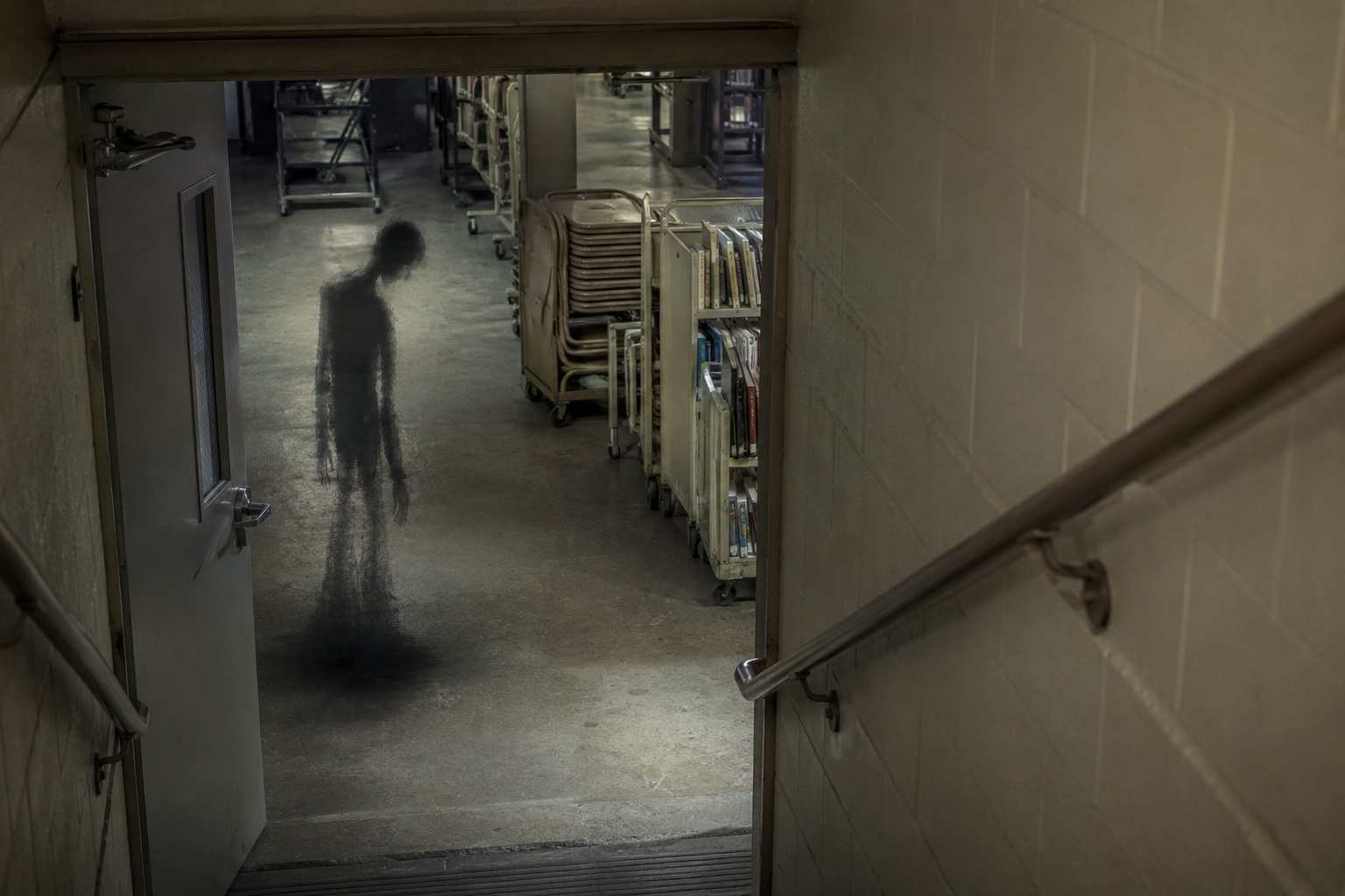Editorial recreation of the My Sister Opened Library Basement Door And Saw Someone Waiting On The Stairs story, image 2.
