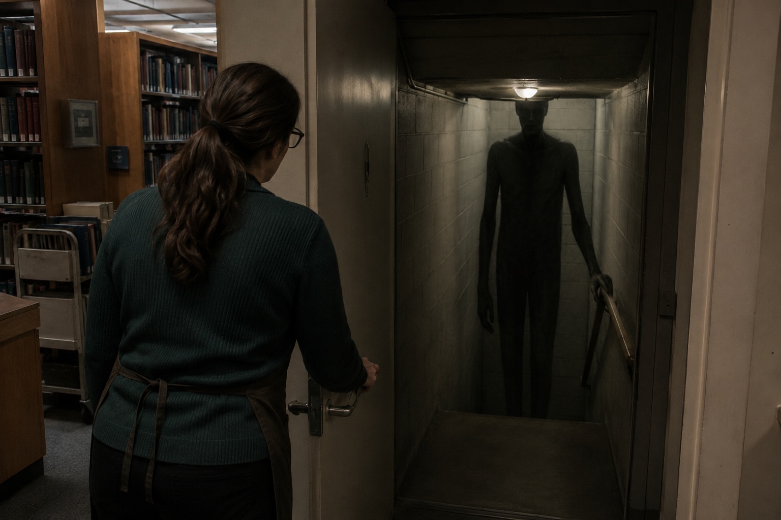 Editorial recreation of the My Sister Opened Library Basement Door And Saw Someone Waiting On The Stairs story, image 4.