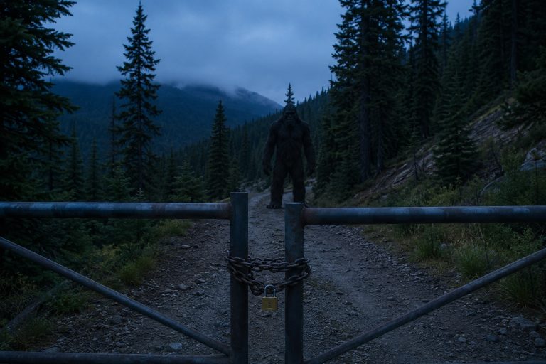 Editorial recreation of the Abandoned Fire Tower Road Camera Saw Bigfoot Beside The Locked Survey Gate story, image 1.