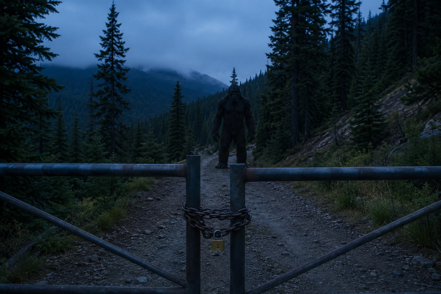 Editorial recreation of the Abandoned Fire Tower Road Camera Saw Bigfoot Beside The Locked Survey Gate story, image 1.