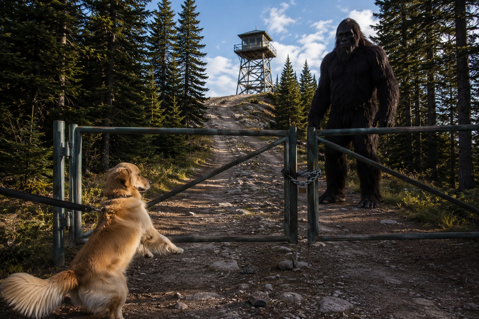 Editorial recreation of the Abandoned Fire Tower Road Camera Saw Bigfoot Beside The Locked Survey Gate story, image 2.