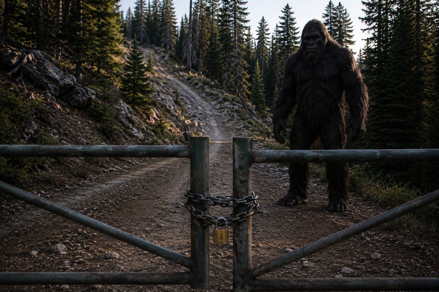 Editorial recreation of the Abandoned Fire Tower Road Camera Saw Bigfoot Beside The Locked Survey Gate story, image 3.