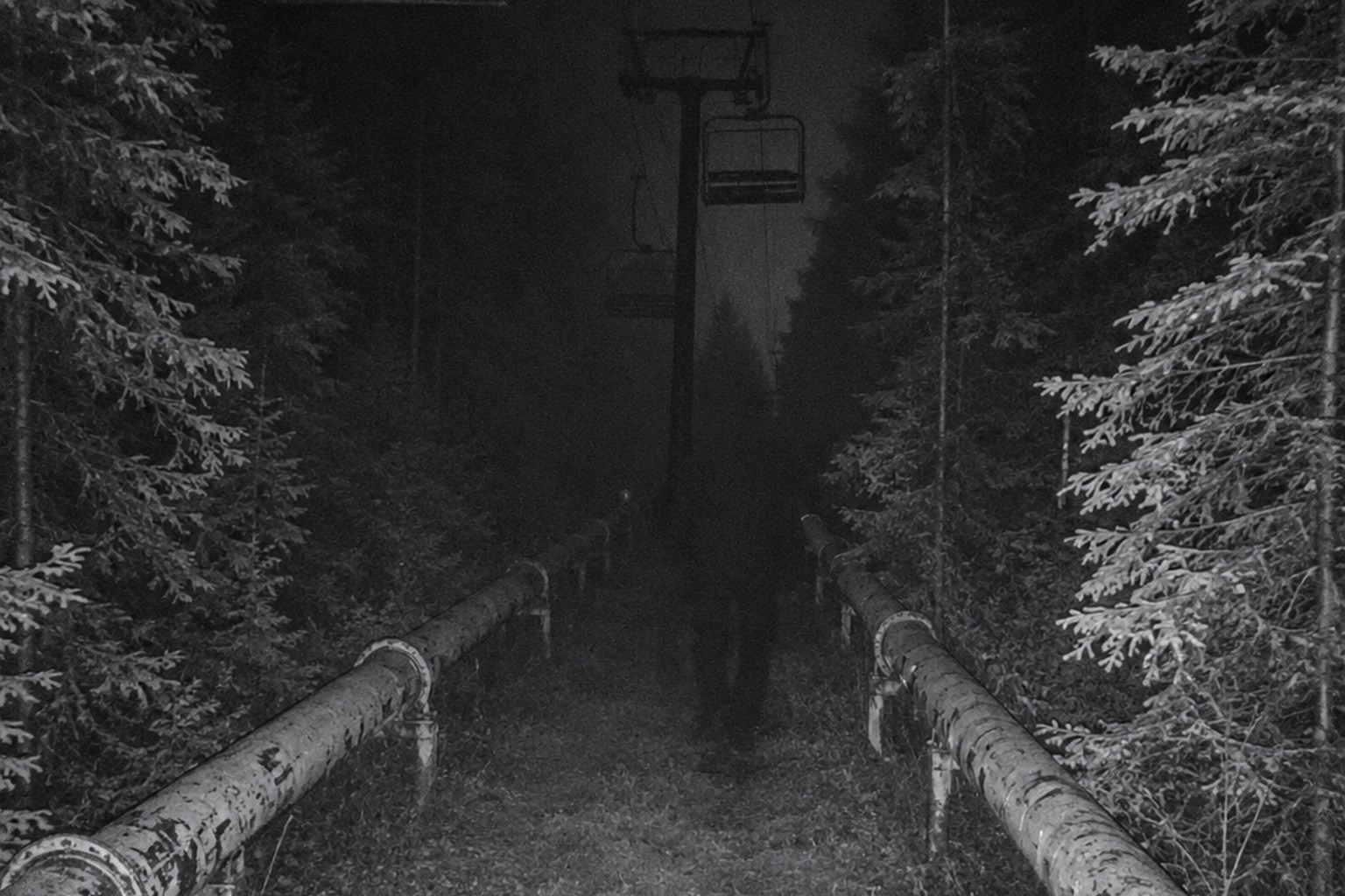 Editorial recreation of the Abandoned Ski Lift Trail Camera Showed A Massive Shape Between The Snowmaking Pipes story, image 1.