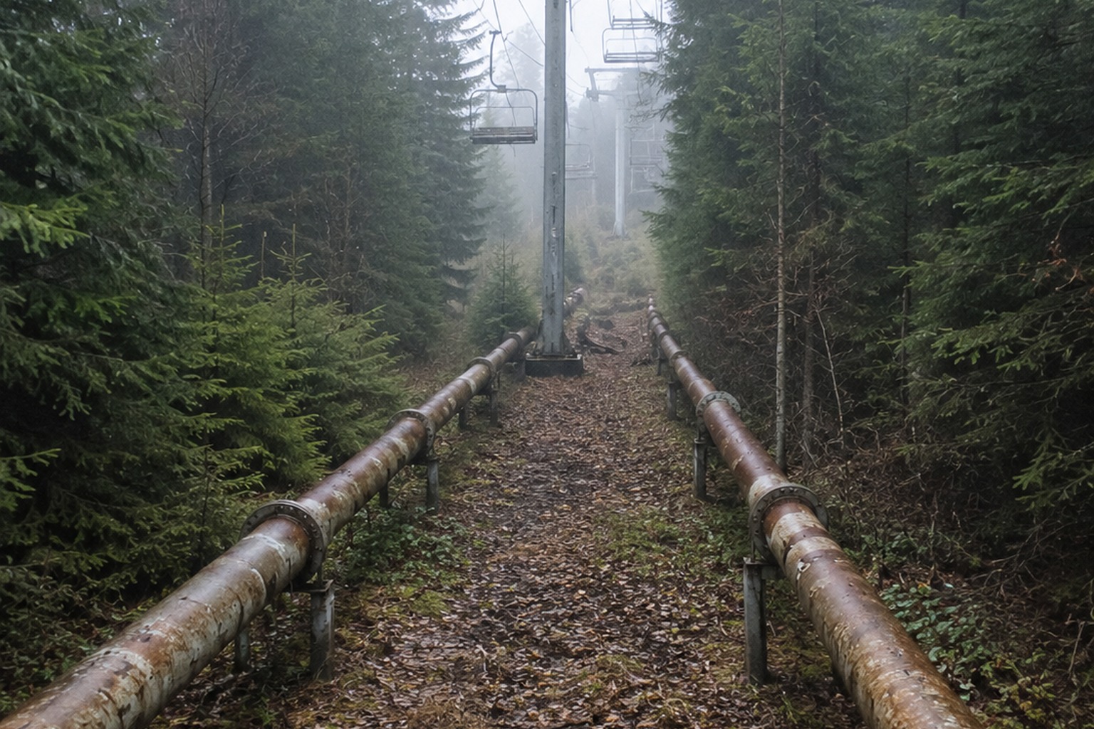Editorial recreation of the Abandoned Ski Lift Trail Camera Showed A Massive Shape Between The Snowmaking Pipes story, image 2.