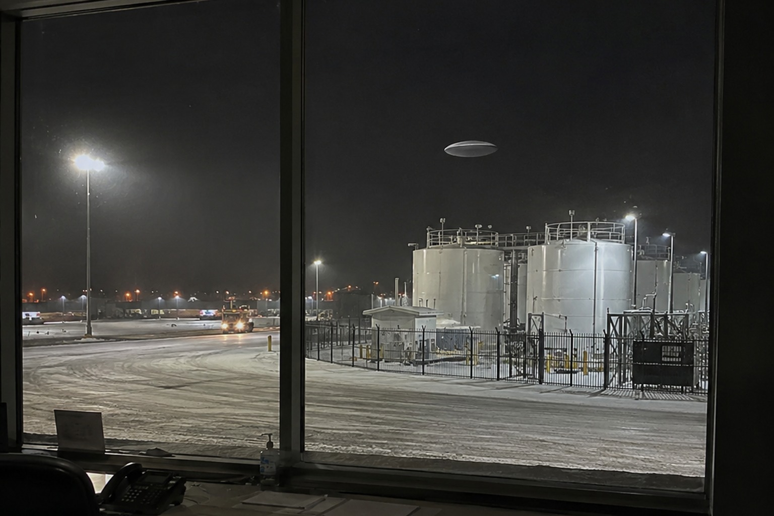Editorial recreation of the Airport Baggage Claim Window Camera Caught A Silent Silver Oval Above The Deicing Tanks story, image 1.