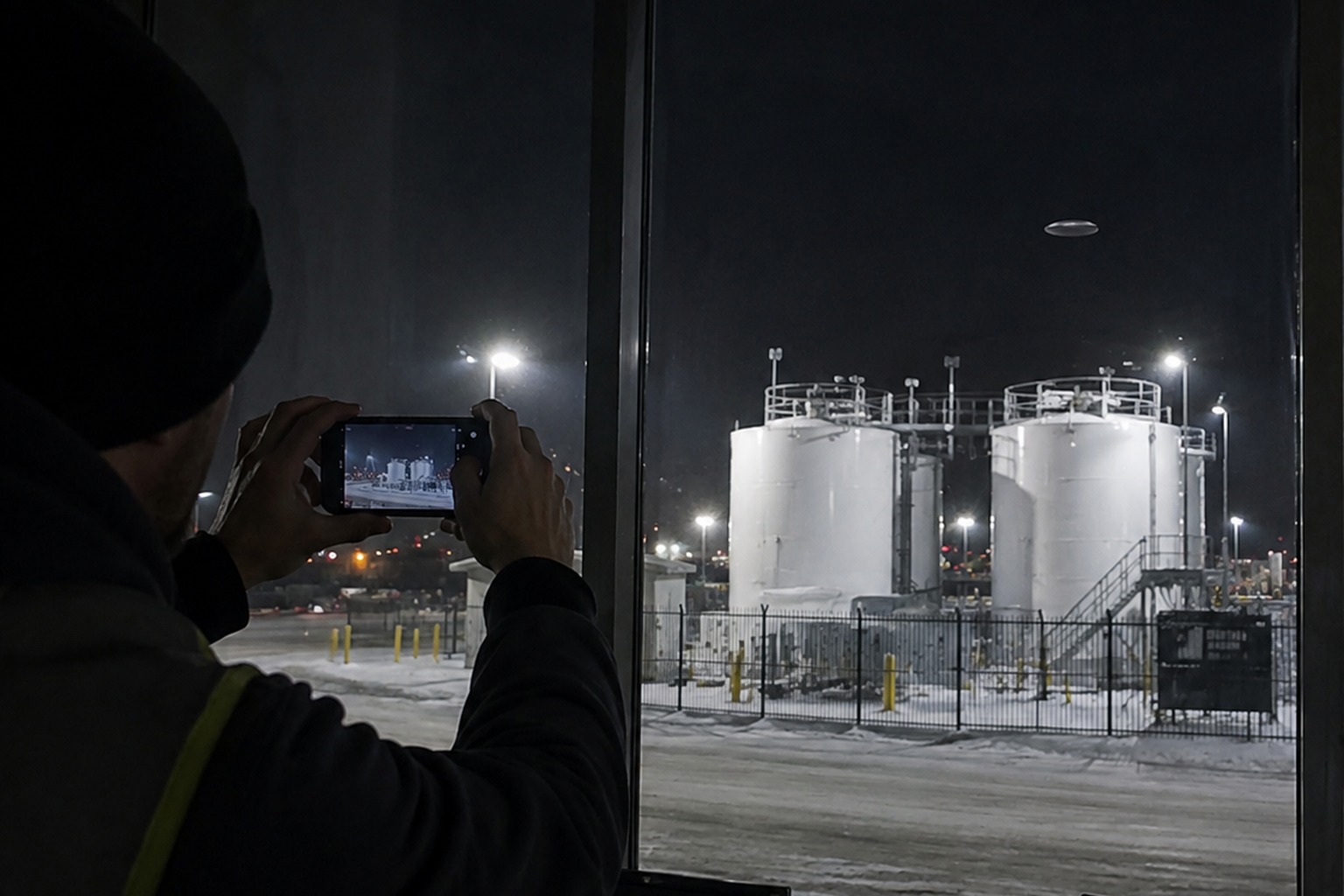 Editorial recreation of the Airport Baggage Claim Window Camera Caught A Silent Silver Oval Above The Deicing Tanks story, image 2.