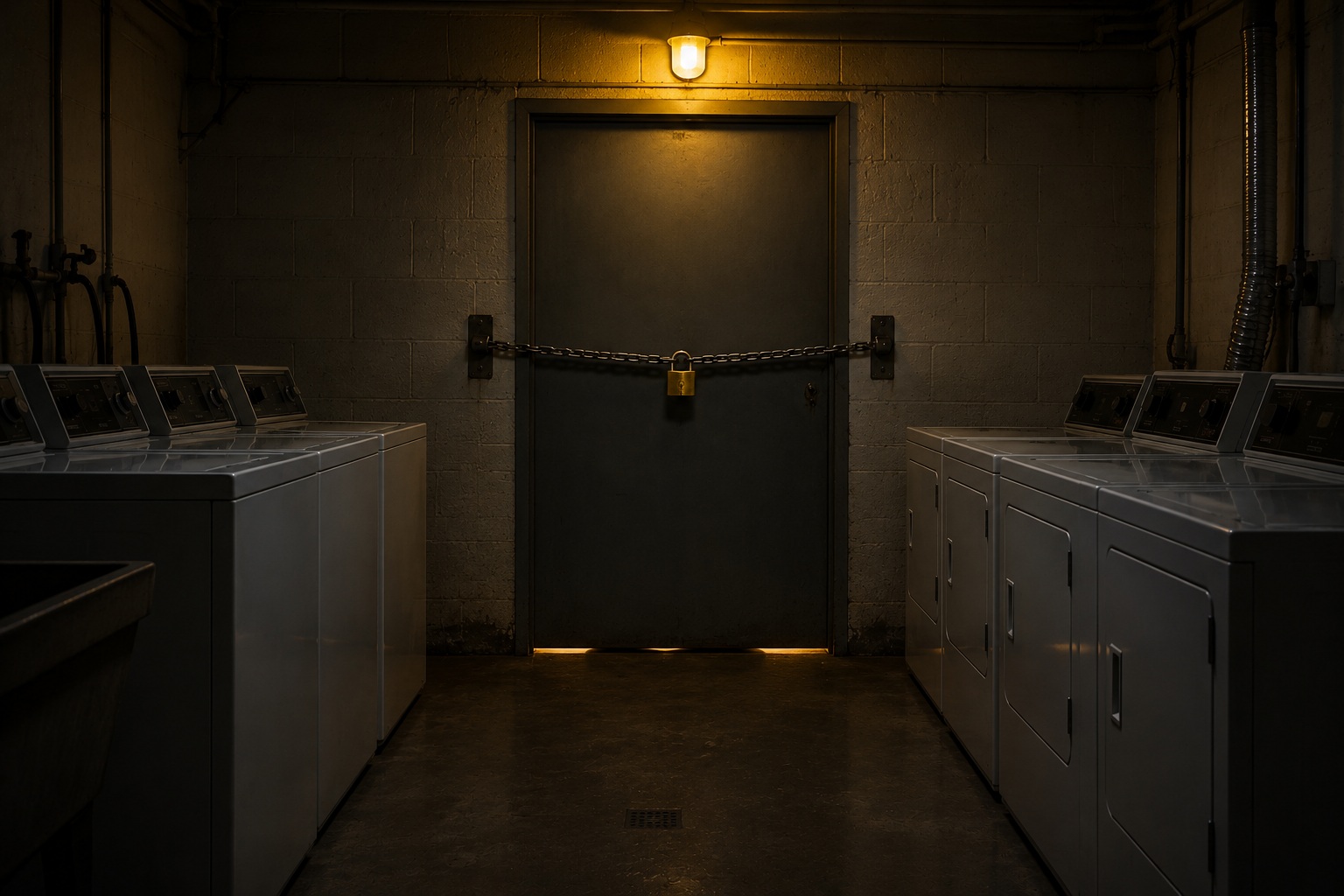 The Apartment Basement Laundry Camera Showed The Service Door Chain Pulling Tight From Inside