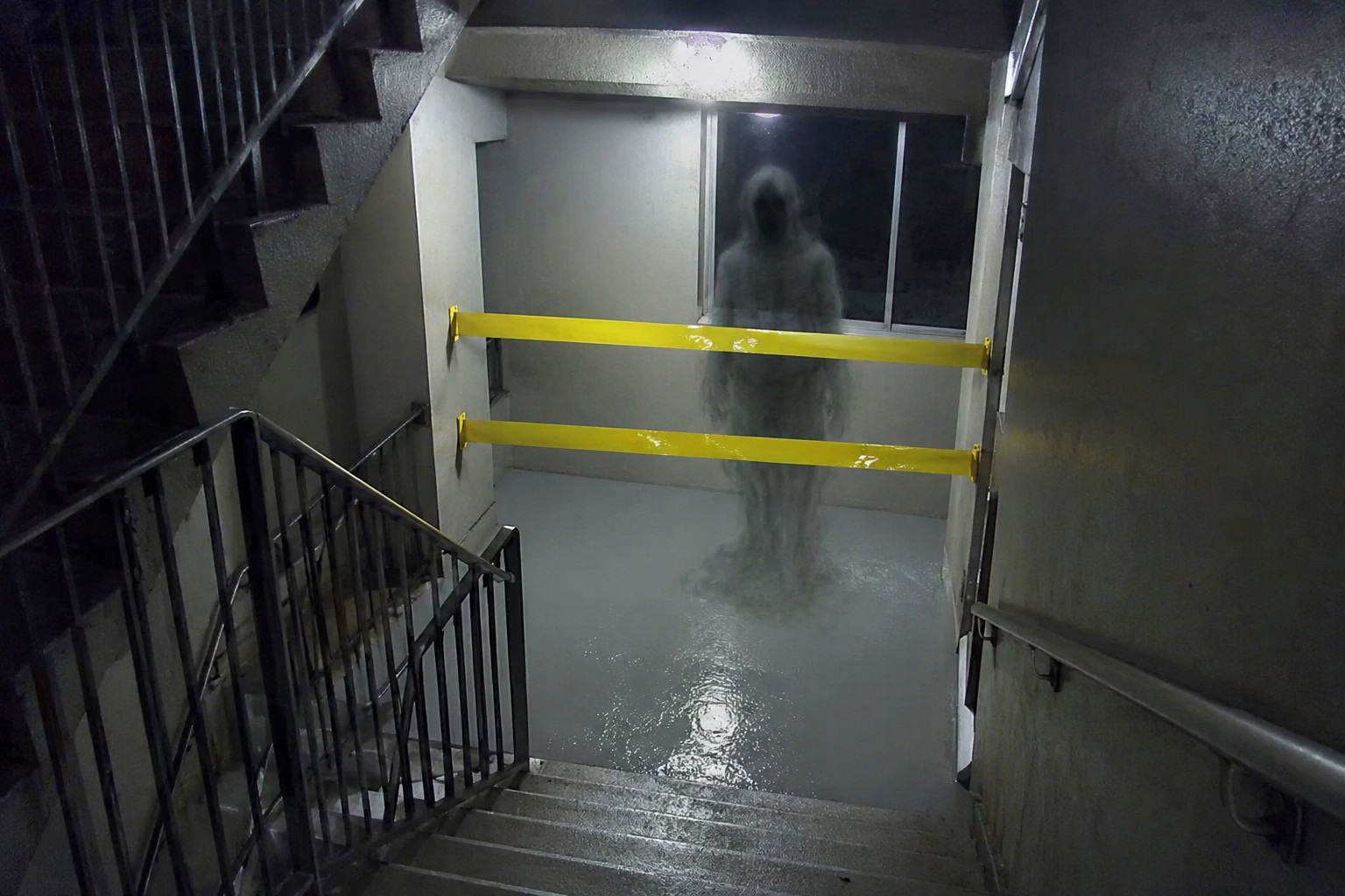Editorial recreation of the Apartment Stairwell Camera Showed An Elderly Man Waiting On A Landing Sealed With Wet Paint Tape story, image 1.
