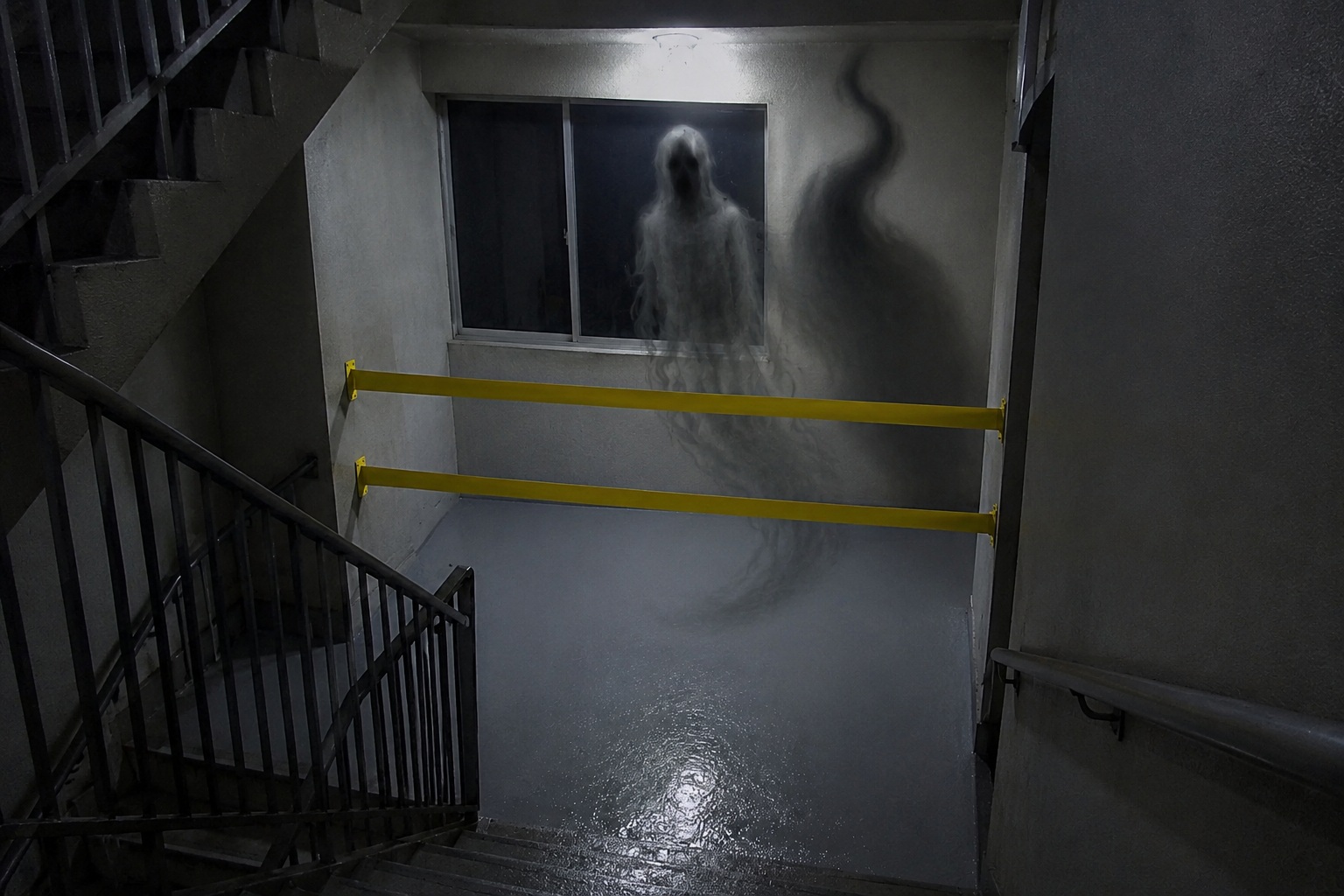 Editorial recreation of the Apartment Stairwell Camera Showed An Elderly Man Waiting On A Landing Sealed With Wet Paint Tape story, image 2.