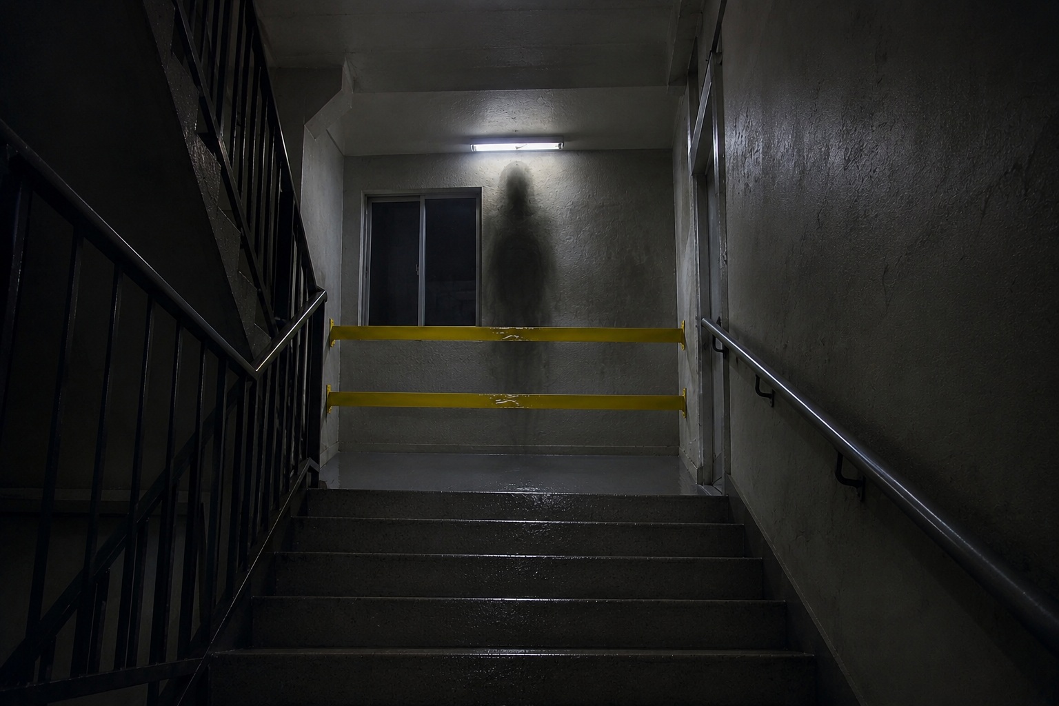 Editorial recreation of the Apartment Stairwell Camera Showed An Elderly Man Waiting On A Landing Sealed With Wet Paint Tape story, image 4.