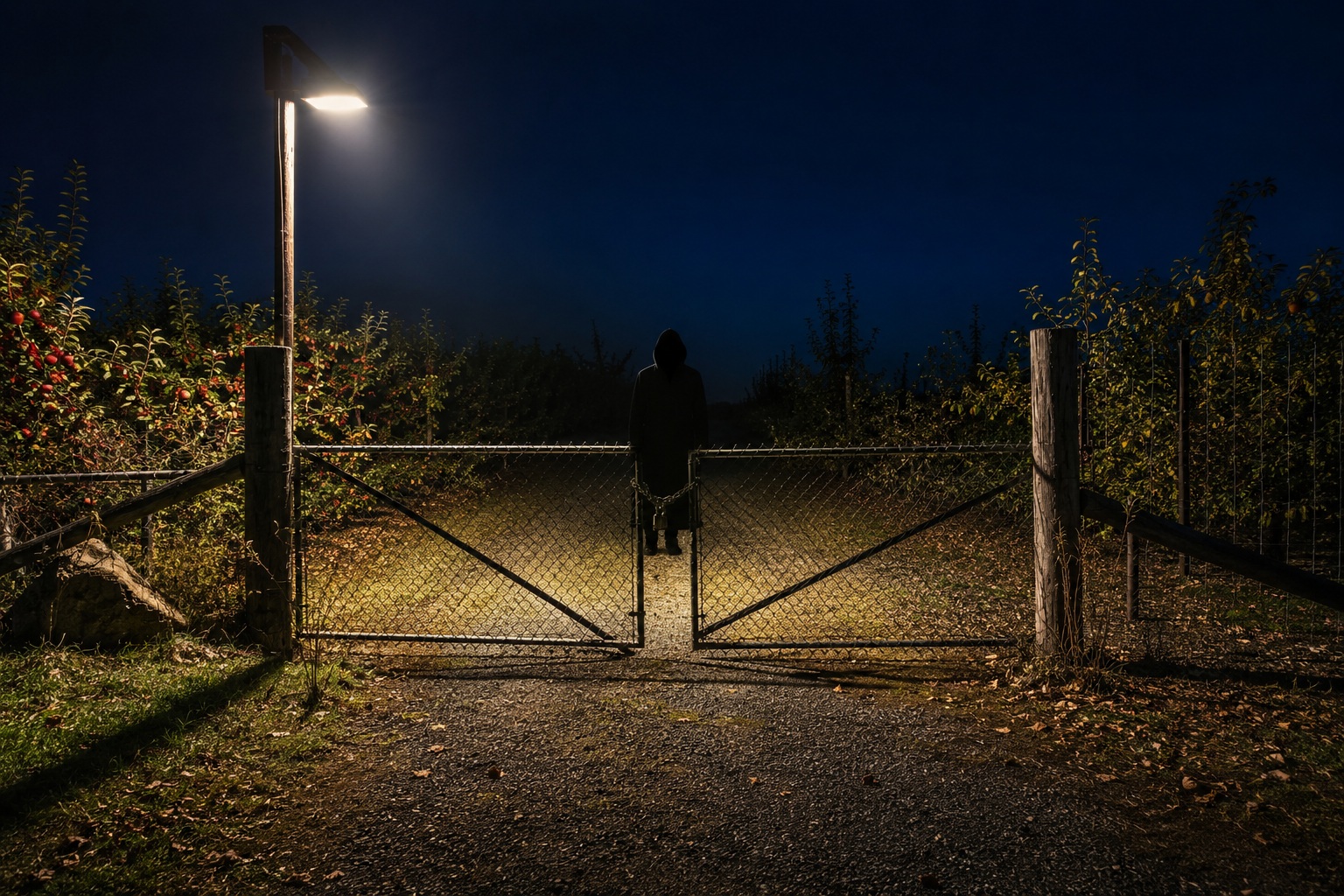 The Apple Orchard Gate Camera Showed A Tall Shape Where The Floodlight Cast No Shadow