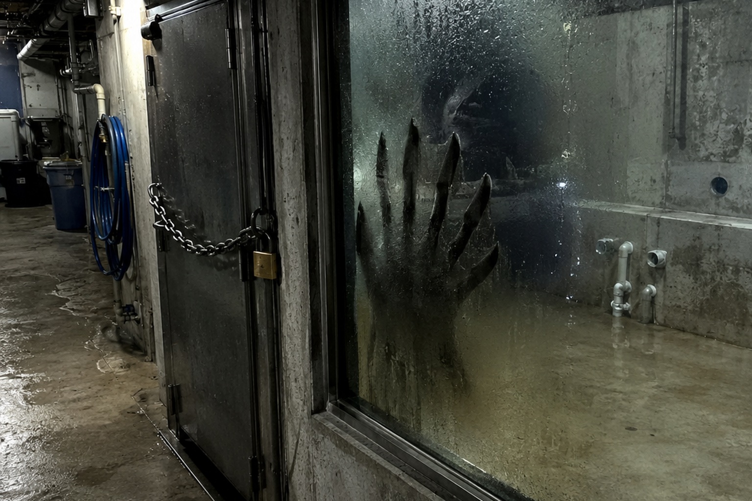 Editorial recreation of the Aquarium Service Hall Camera Showed A Wet Clawed Shape Pressed Against The Empty Turtle Tank story, image 1.