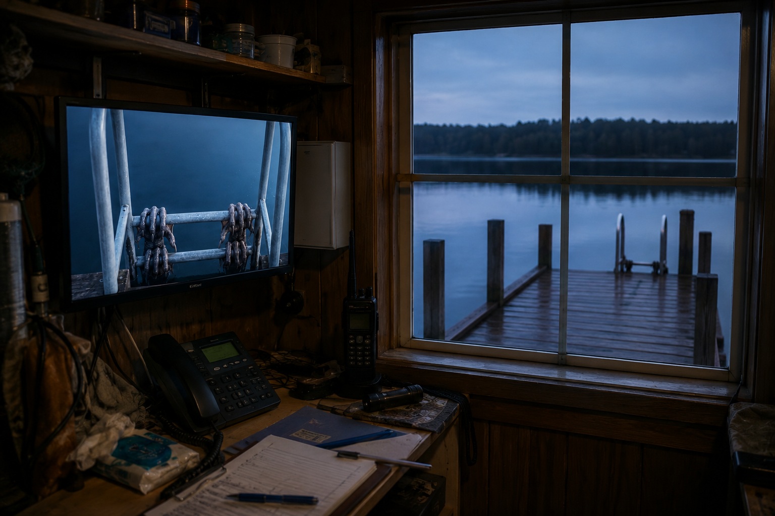 Editorial recreation of the Bait Shop Dock Camera Saw Webbed Claws Wrapped Around The Ladder story, image 4.
