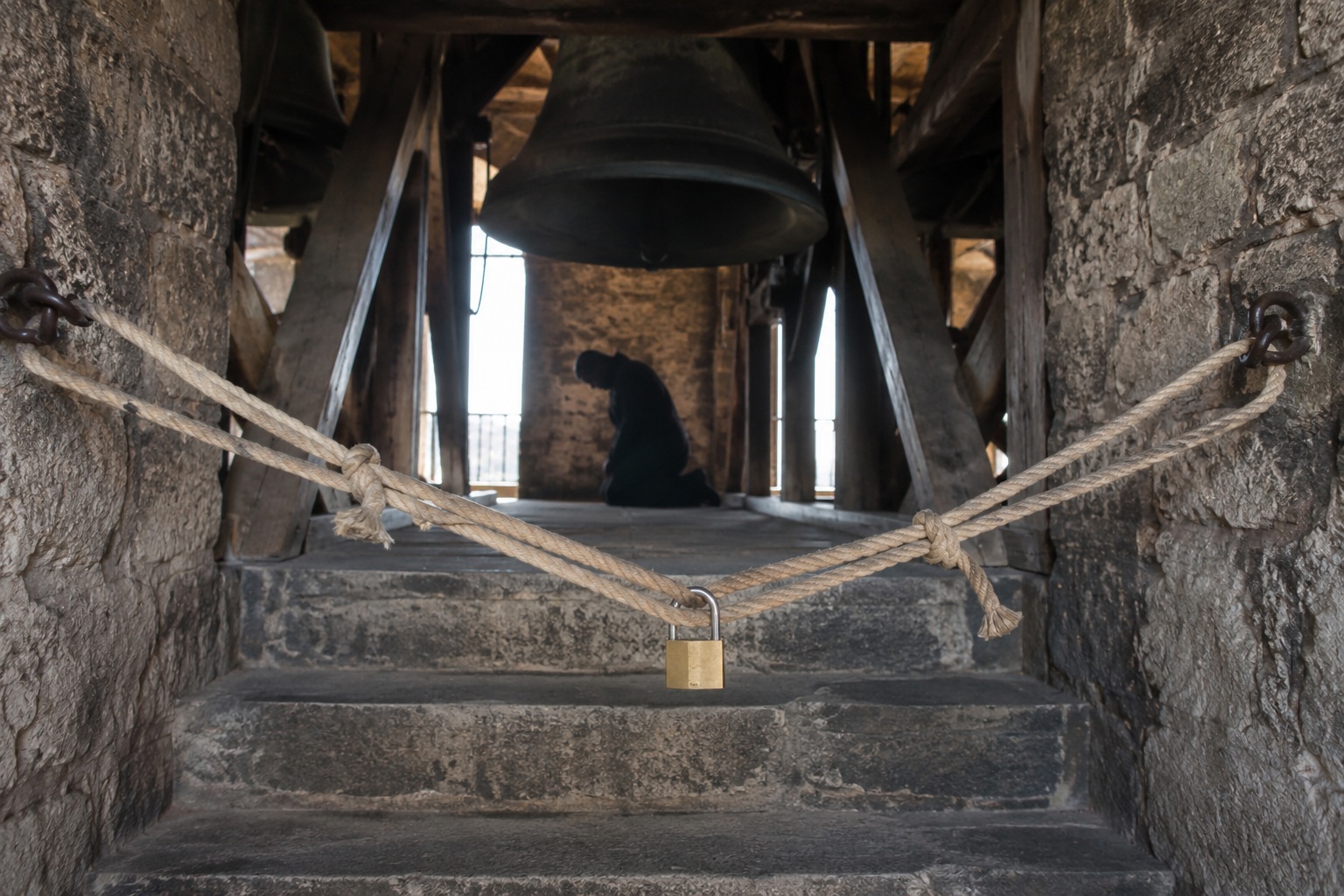 Editorial recreation of the Closed Bell Tower Camera Showed A Shadow Kneeling Behind The Locked Ropes story, image 1.
