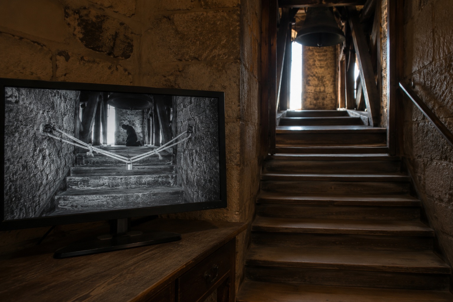 Editorial recreation of the Closed Bell Tower Camera Showed A Shadow Kneeling Behind The Locked Ropes story, image 3.
