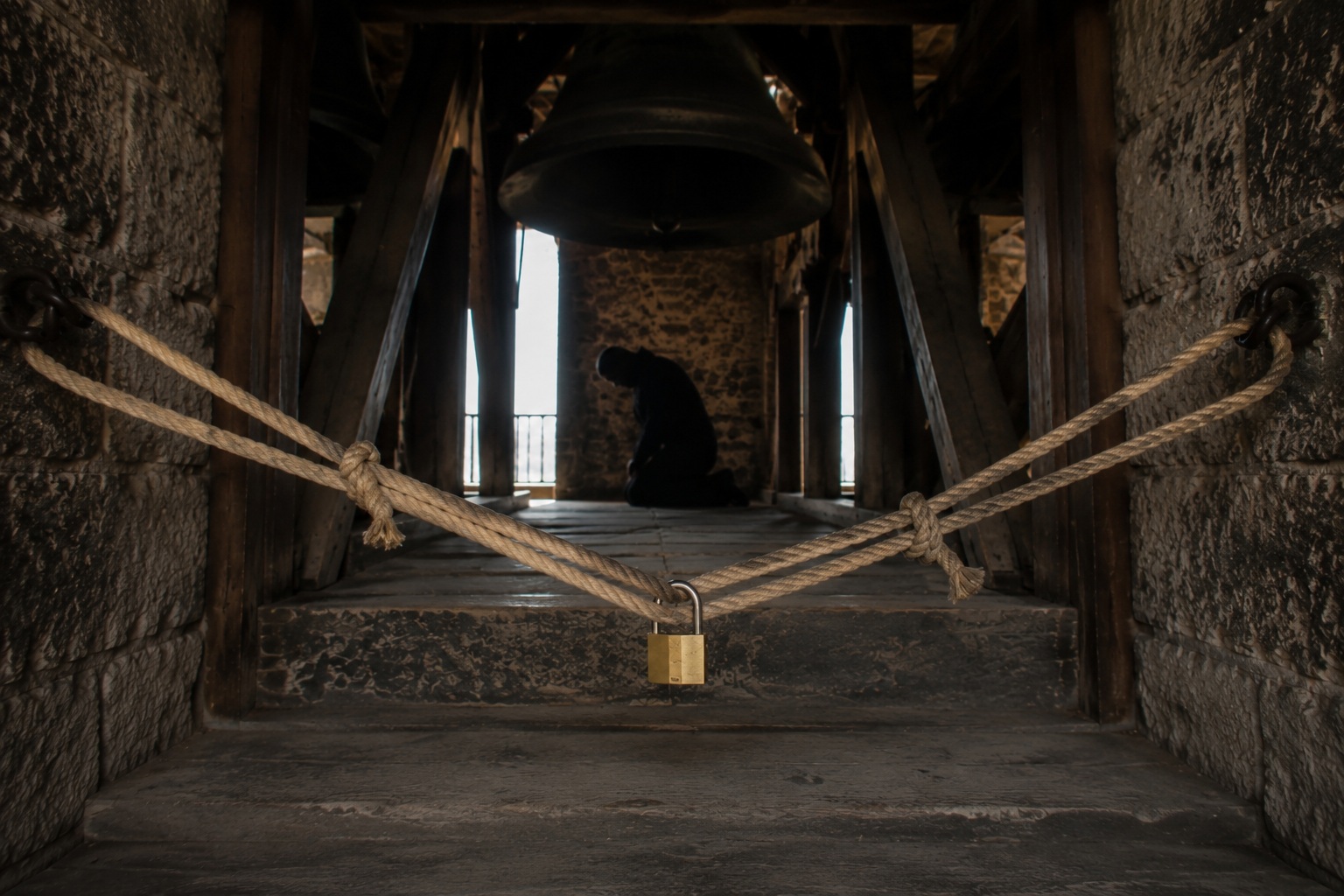 Editorial recreation of the Closed Bell Tower Camera Showed A Shadow Kneeling Behind The Locked Ropes story, image 4.