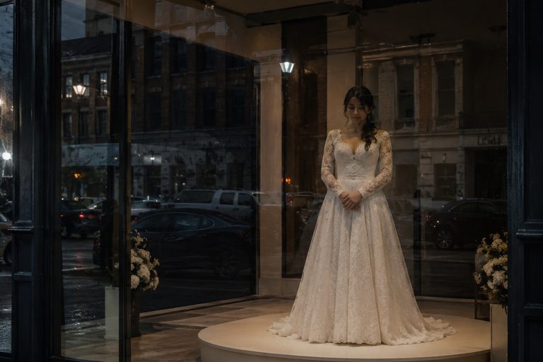 The Closed Bridal Shop Window Photo Showed A Bride Where The Mannequin Had Been Removed reconstructed scene image 1