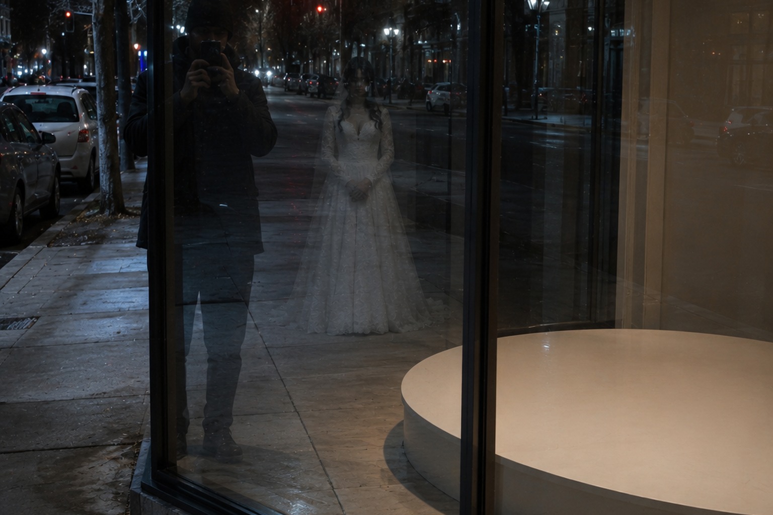 The Closed Bridal Shop Window Photo Showed A Bride Where The Mannequin Had Been Removed reconstructed scene image 3