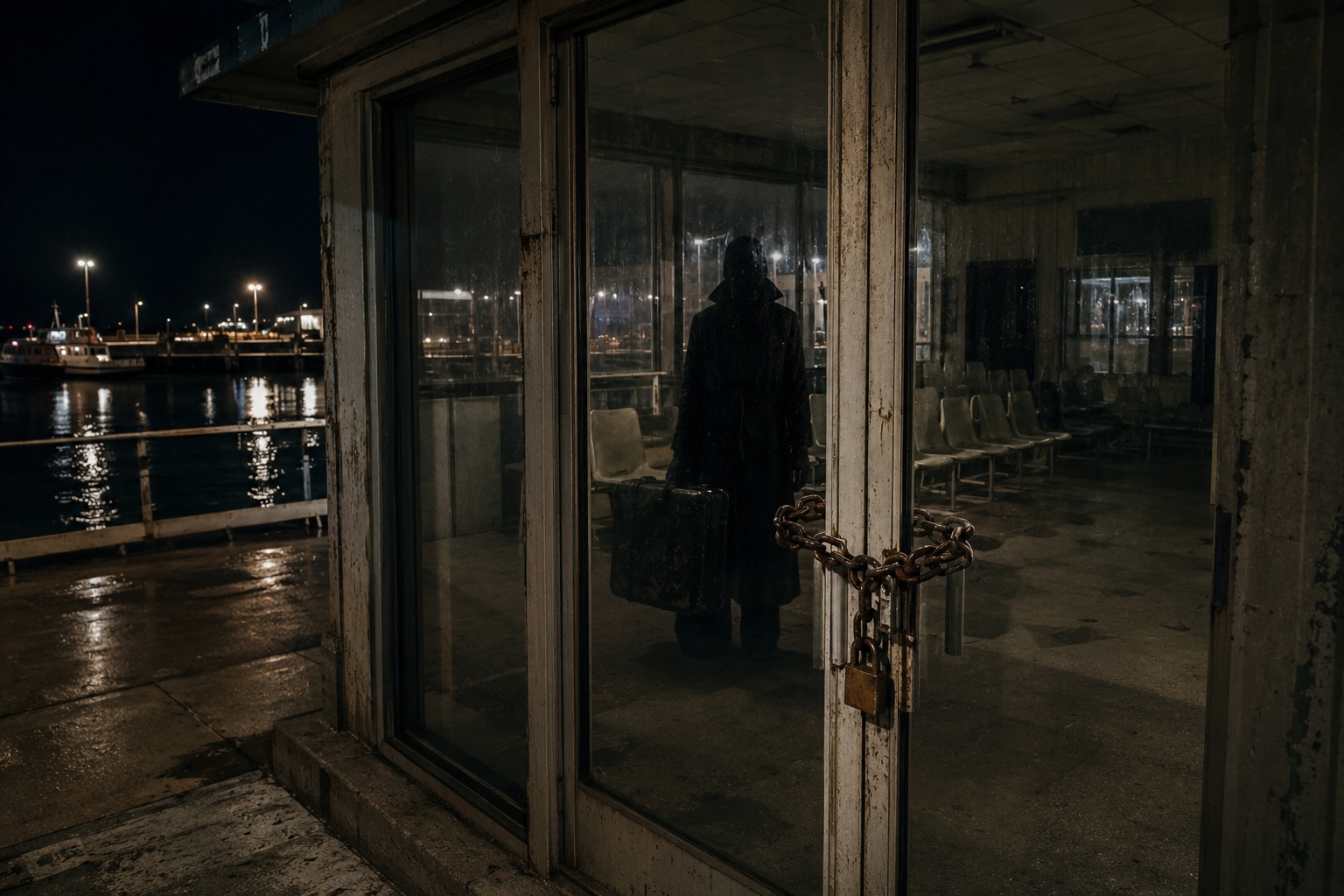 The Closed Ferry Terminal Camera Showed A Passenger Shadow Waiting Behind The Glass